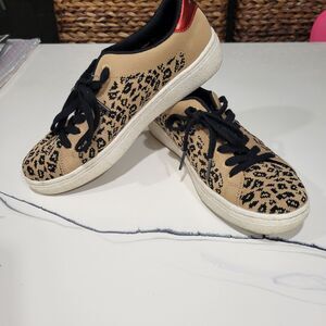 Skechers Leopard Print Black Tan Sneakers Memory Foam Glitter Women's 6.5